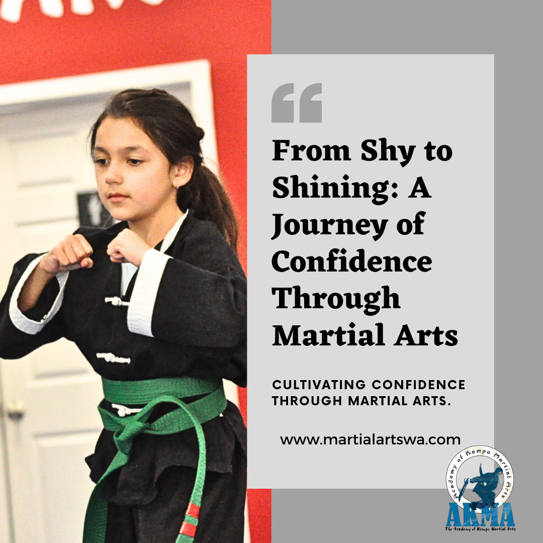 Young girl in martial arts uniform, confidently performing a karate pose, symbolizing her transformation from shy to confident through martial arts training at the Academy of Kempo Martial Arts.