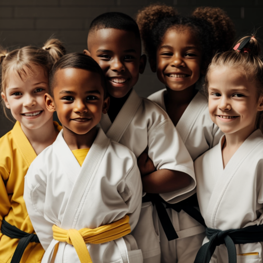 Group of happy children in martial arts uniforms, bonding and showcasing the benefits of martial arts training